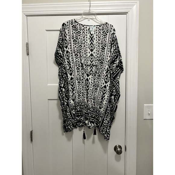 Perfectly Palm Beach Dress Swim Coverup Womens Black White Boho Batik Medium - Picture 1 of 6